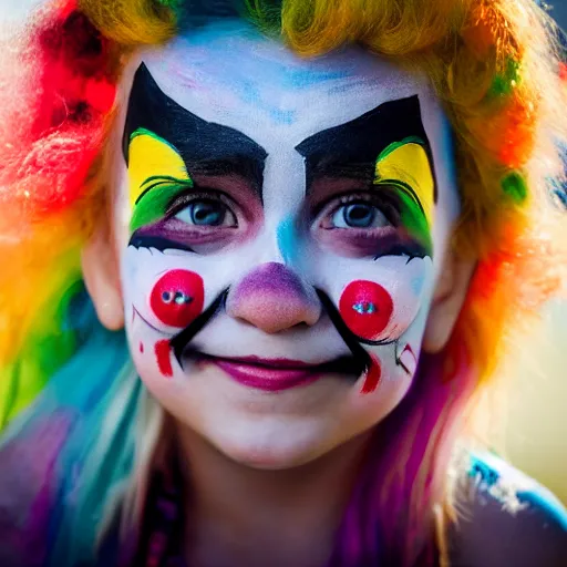 Prompt: A portrait of a girl who has face-painting like a clown smiling creepily. Depth of field. Lens flare