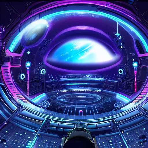 Image similar to cyberpunk space station, black hole and galaxy background, neon, space art, realism