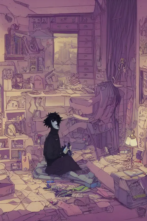 Image similar to goth guy sitting on the floor of a cluttered 9 0 s bedroom reading a book by sophie anderson, vaporwave colors, lo - fi, concept art, smooth, detailed, toon shading, cel shading, animation, 4 k, hd,