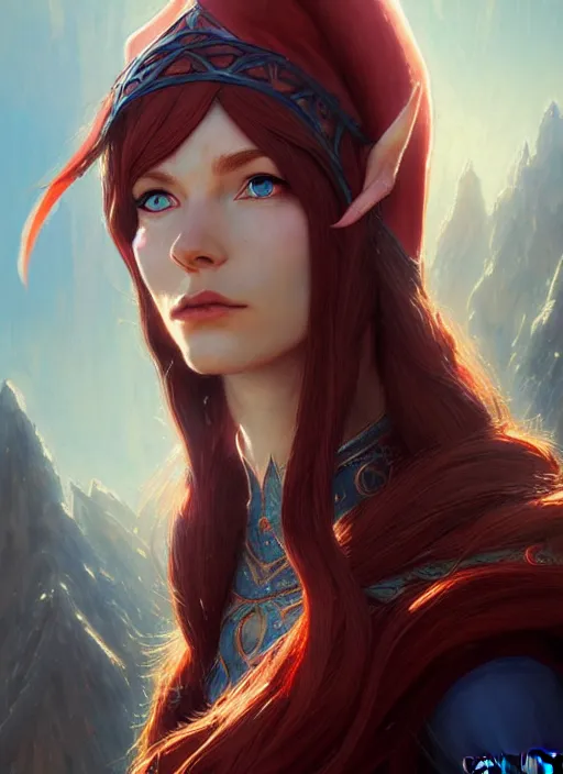 Prompt: beatiful crimson haired elf wizard girl with sky blue eyes, intricate, highly detailed, focus on face, elven city begin, fov, artwork by marcus whinney and greg rutkowski, trending in artstation