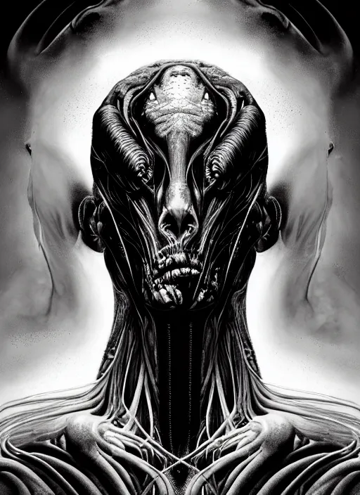 Prompt: a dream portrait of a man - horse aberration, black & white, melting, webbing, 8 k, by tristan eaton, stanley artgerm, tom bagshaw, greg rutkowski, carne griffiths, ayami kojima, beksinski, giger, trending on deviantart, face enhance, hyper detailed, minimalist, horror, alien