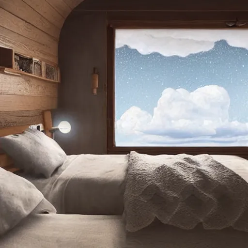 Image similar to Cozy bedroom aboard a flying ship window looks on moonlit clouds and stars, soft bed blankets wood paneling hyperrealism