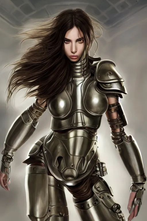 Image similar to a photorealistic painted portrait of an attractive young girl, partially clothed in dull metal-plated battle armor, olive skin, long dark hair, flawless skin, beautiful bone structure, symmetric facial features, perfect photorealistic eyes, natural physique, intricate, elegant, digital painting, concept art, finely detailed, beautifully illustrated, sharp focus, minimal artifacts, from Metal Gear, by Ruan Jia and Mandy Jurgens and Artgerm, in the style of Greg Rutkowski, trending on Artstation, award winning art