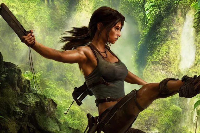 Prompt: Cinematography of Lara Croft discovering in a cave in the amazon jungle by Emmanuek Lubensky