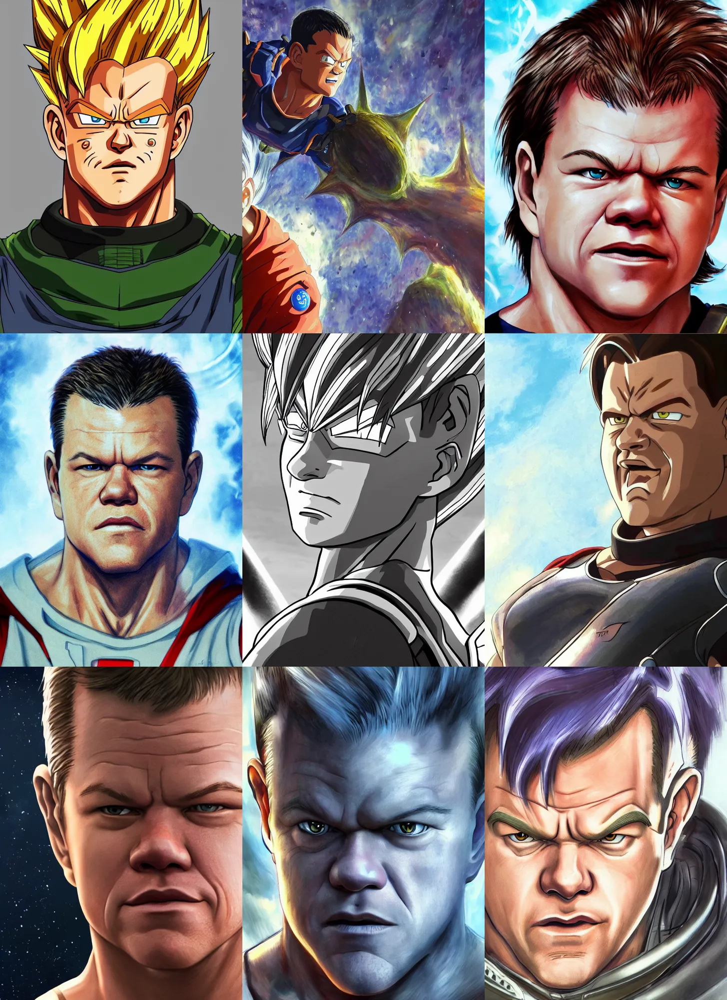 Prompt: matt damon!!! big face close up concept art of matt damon as a dragon ball character, beautiful landscape, 4 k anime character illustration by akira toriyama, artstation