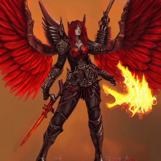 Prompt: red haired badass woman with wings, paladin, armored fiery, flaming sword, gargoyle, maiden, fantasy concept art