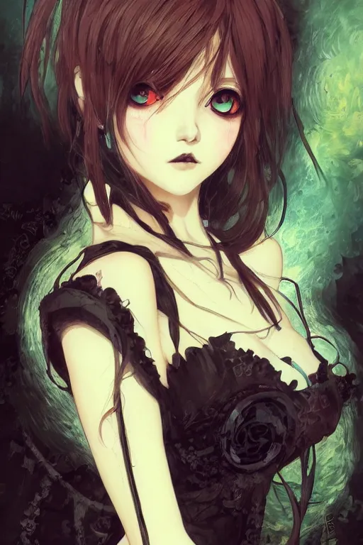 Image similar to portrait of beautiful young gothic anime maiden, cute-fine-face, pretty face, realistic shaded Perfect face, fine details. Anime, cyberpunk, Warhammer, highly detailed, artstation, illustration, art by Ilya Kuvshinov and ((((Gustav Klimt))))