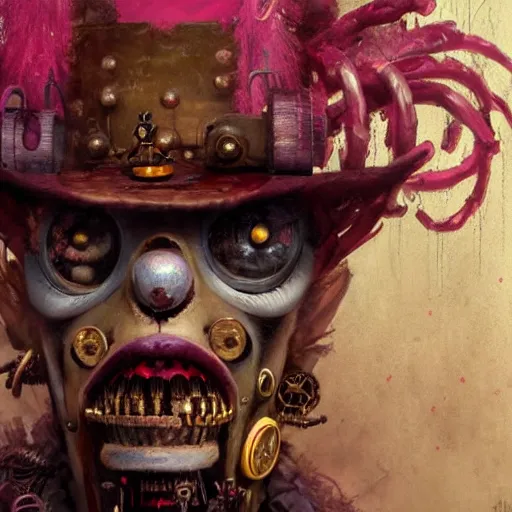 Prompt: Portrait of a creepy steampunk clown, fantasy, colorful, detailed, by Greg Rutkowski and Dave McKean, pink and gold color palette