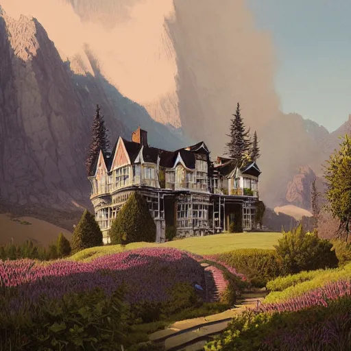 Image similar to illustration of an old victorian mansion, with beautiful mountain heather growing around it, large windows, greg rutkowski, mcbess