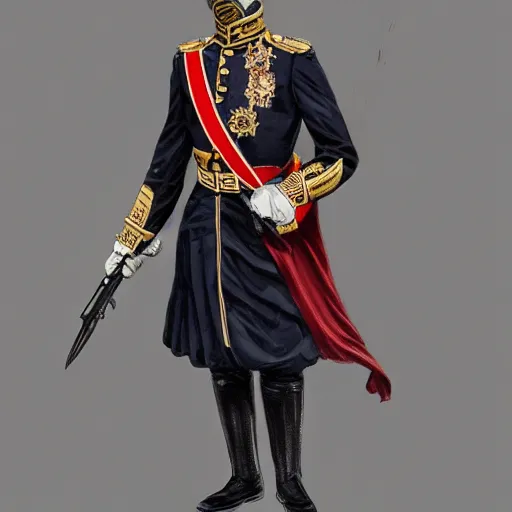 Prompt: man wearing a 19th century ceremonial officers uniform, intricate, elegant, highly detailed, digital painting, artstation, concept art, matte, sharp focus, illustration