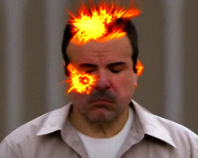 Image similar to birds eye view of el chapo exploding out of prison in deep meditation. clear sunny day. 4k. angelic. the sun is very upset and full of damnations.