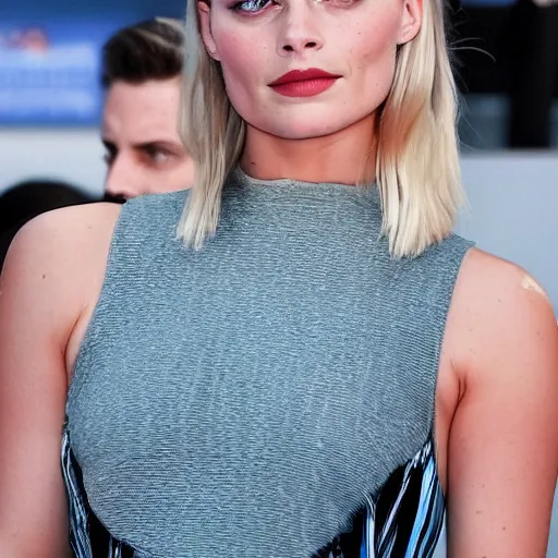 Image similar to a woman who is a genetic combination of margot robbie and emma watson face and upper - body focus