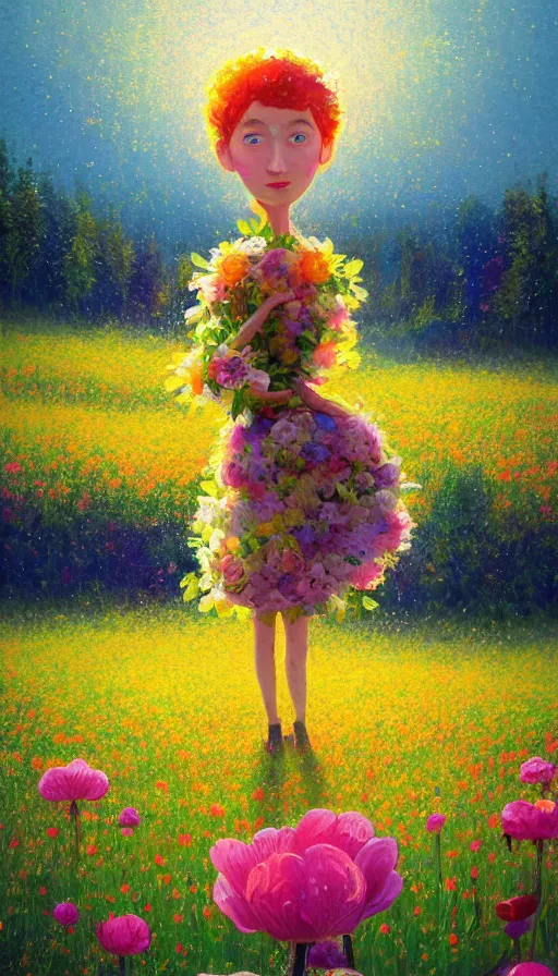 Image similar to girl with giant flower as a face and flower dress, standing in a flower field hills, big trees, sunrise dramatic light, impressionist painting, colorful clouds, digital painting, pointillism, artstation, simon stalenhag