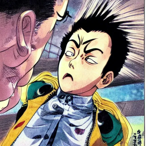 Image similar to young boy angry with pompadour hair, art by katsuhiro otomo, tetsuo hara, hirohiko araki, jotaro kujo, banchou, action pose, manga cover