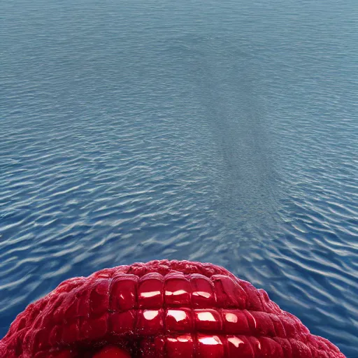 Image similar to a giant human head sculpture in the sea made out of eatable red jelly, in the style of chad knight, long shot, hyper detailed, hyper realistic, ray tracing, 8 k resolution, sharp focus, realistic water, award winning