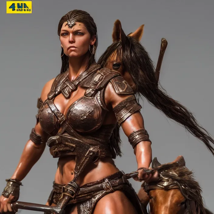 Prompt: 80mm resin detailed miniature of a Muscular Woman warrior with a Horse, Product Introduction Photos, 4K, Full body, simple background