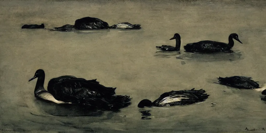 Prompt: black swans all mixed together in the dark waters. by andrew wyeth, john dollman and nicola samori
