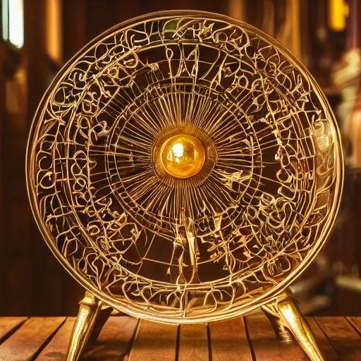 Prompt: a well - lit photo of an intricate steel filigree art nouveau orrery on a wooden table, beautiful, detailed, flowing curves, with colored marble planets and a golden sun