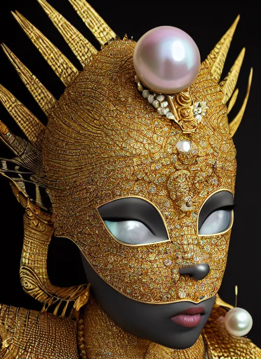 Image similar to hyperrealism, detailed textures, award winning autochrome photo, japanese pearl, beautiful animal pearl queen, kissing a egyptian animal pearl god, pearl silverplate, intricate, detailed facial pearl scary animal mask, pearl, golden jewelery, silverplate, ultra realistic, cinematic, intricate, cinematic light by steve mccurry, unreal engine 8 k