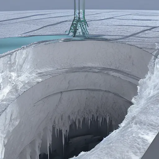 Image similar to immense tunnel boring drill breaks through surface ice into vast subterranean ocean