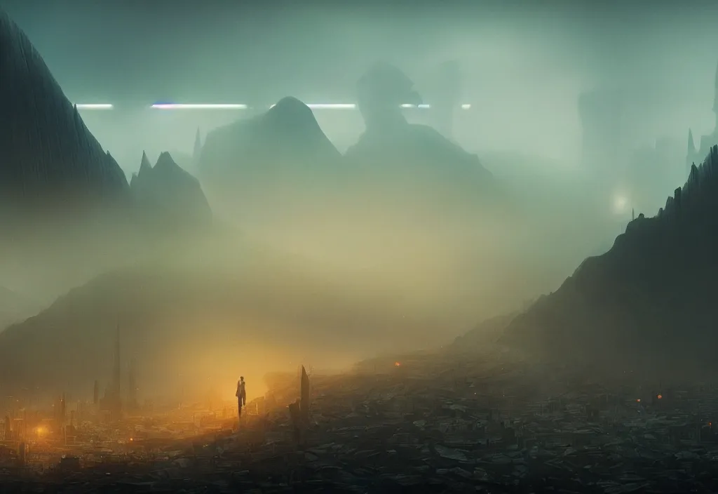 Prompt: a dramatic epic ethereal stunning beautiful and insanely detailed matte painting of a Blade Runner movie still, a small silhouette contemplates the landscape, atmospheric and vaporwave composition, digital art by Kilian Eng and Jean Giraud, winning-award masterpiece, fantastic, octane render, 8K HD Resolution, High quality image