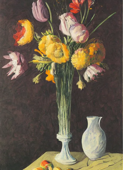 Image similar to a surreal painting of a breakfast still life, vase of flowers, by George Baselitz, symbolist, soft colors, dramatic lighting, smooth, sharp focus, extremely detailed, textured, aesthetically pleasing composition