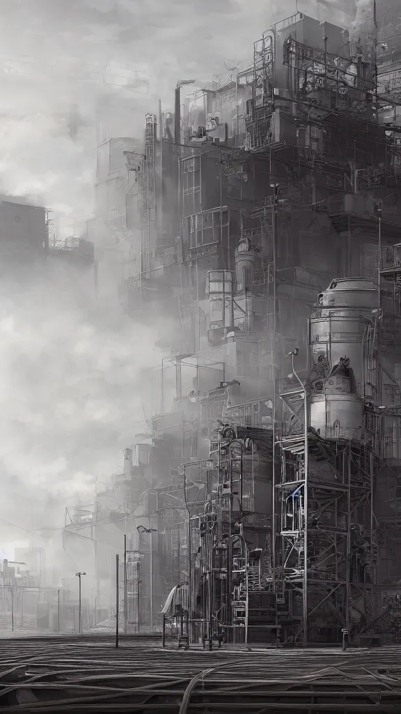 Prompt: a 3D render of an industrial smoky scenery, wide-angle, high contrast, highly detailed, sharp focus, digital painting, 3D art, illustration, trending on artstation,