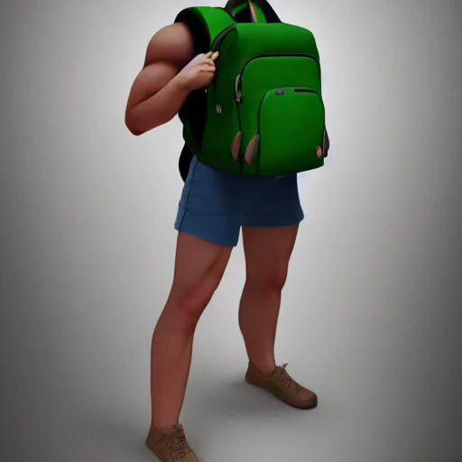 Prompt: A green backpack with muscular human limbs smiling, studio lighting, 8k, trending on artstation