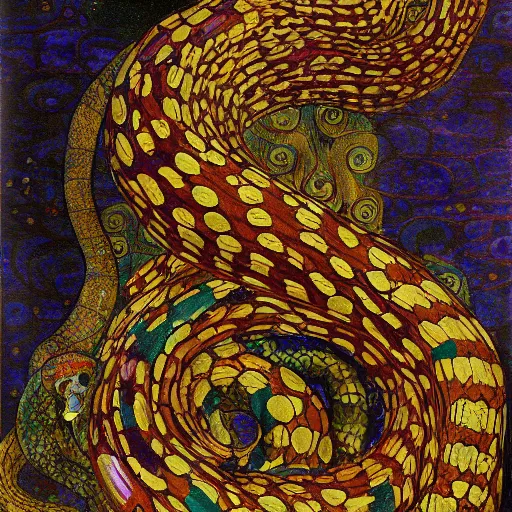 Image similar to detailed oroboros snake biting its tail frathered serpent painting by gustav klimt