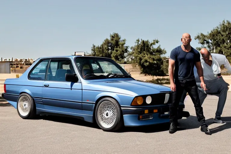 Prompt: giant Jason Statham picks up a BMW e30