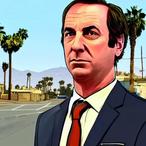 Image similar to Saul Goodman in GTA V . Los Santos in the background, palm trees. In the art style of Stephen Bliss.