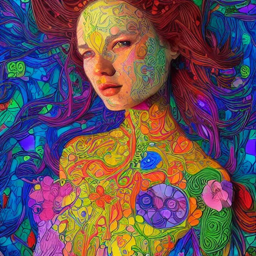 Image similar to the portrait of a beautiful young woman partially made up of peppers of all colors, an ultrafine detailed illustration by james jean, intricate linework, bright colors, final fantasy, behance contest winner, vanitas, angular, altermodern, unreal engine 5 highly rendered, global illumination, radiant light, detailed and intricate environment