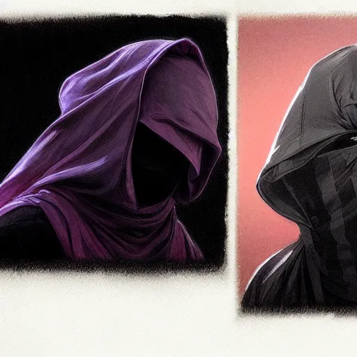 Image similar to ultra realistic illustration, man in a black hood, in a striped purple balaclava, mysterious, highly detailed, digital painting, artstation, concept art, smooth, sharp focus, illustration, art by artgerm and greg rutkowski and alphonse mucha