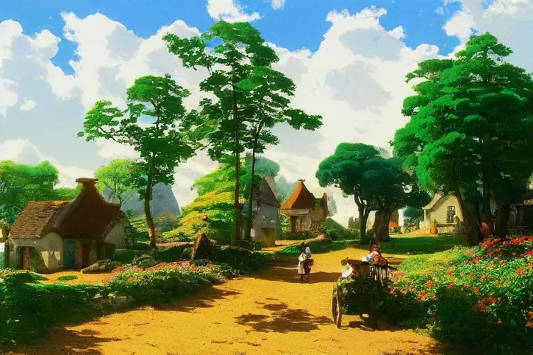 Prompt: a beautiful landscape of a tiny futuristic village in the french countryside during spring season, painting by studio ghibli hd and albert bierstadt hd, nice spring afternoon lighting, smooth tiny details, soft and clear shadows, low contrast, perfect