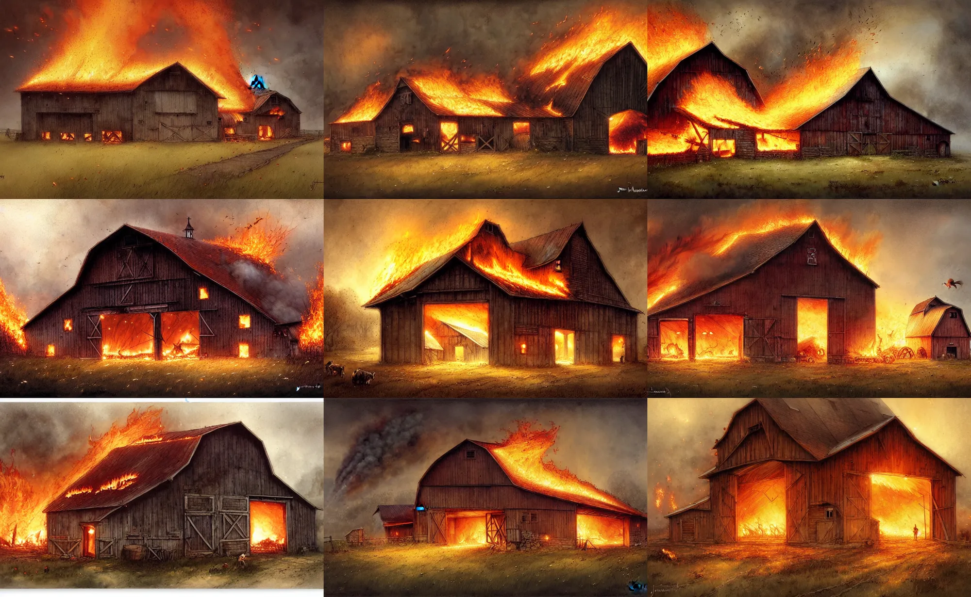 Prompt: a barn in fire by jean - baptiste monge