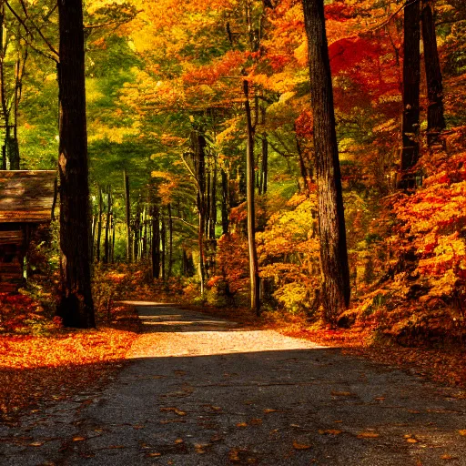 Prompt: super relaxing autumn crisp day in the appalachian mountains, fall, october, crisp cool day, warm sun, memories and nostalgia, hyperrealism photo - realistic photography volumetric lighting enchantingly beautiful forest