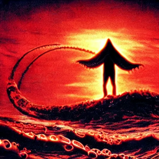 Image similar to the anti - christ rising from a red ocean with slimy tentacles. color detailed photograph from a 1 9 9 0 s horror movie.