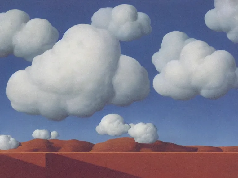 Image similar to cloud filled room, painting by rene magritte, centered, high detail, high resolution