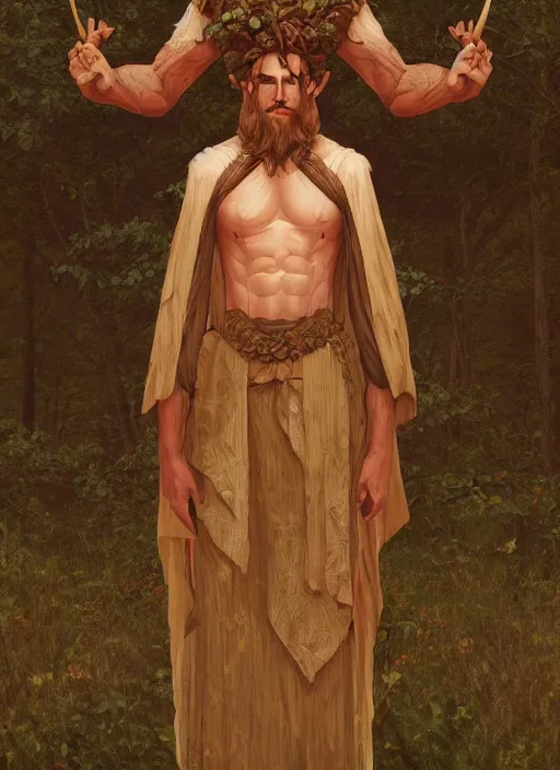 Prompt: a fantasy character portrait of a man made of wood, a wooden man of the forest, pagan god, symmetry, highly detailed digital painting, trending on artstation, art by edmund blair leighton and phil hale and ilya repin and charlie bowater