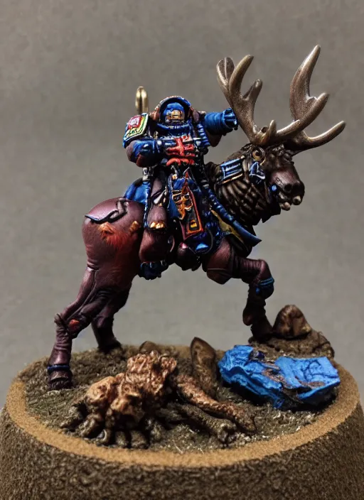 Image similar to 8 0 mm resin detailed miniature of a warhammer 4 0 k space marine riding a moose, product introduction photos, 4 k, full body,