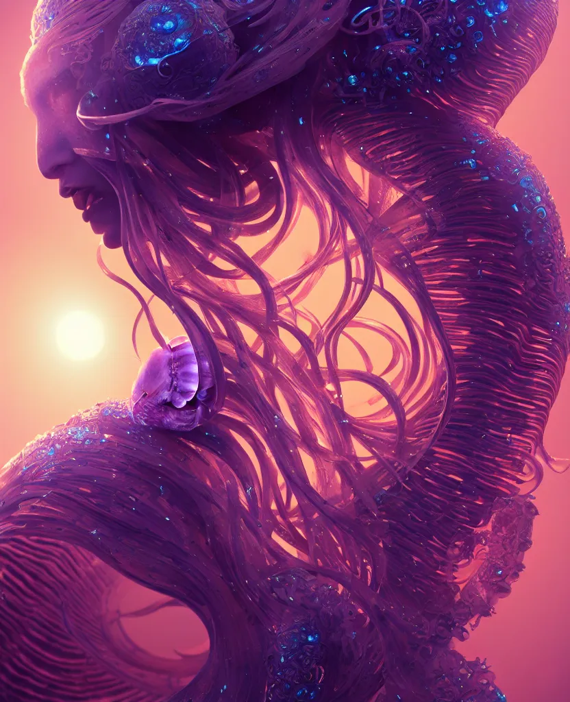 Image similar to goddess close-up portrait. chimera orchid jellyfish phoenix head, nautilus, skull, betta fish, bioluminiscent creatures, intricate artwork by Tooth Wu and wlop and beeple. octane render, trending on artstation, greg rutkowski very coherent symmetrical artwork. cinematic, hyper realism, high detail, octane render, 8k