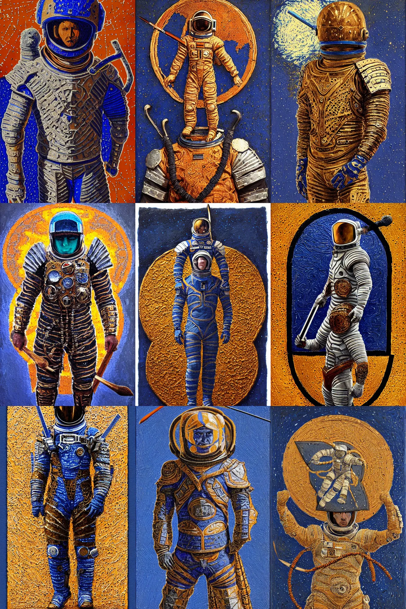 Prompt: astronaut - gladiator!! with spear in fractal armor with girih bargello pattern, lorica segmentum, tonalist, symbolist, figurative art, chiaroscuro, grisaille, palette knife, heraldry, frenetic, stippling, shadows, luminous, sublime, edge lighting, raw sienna, prussian blue