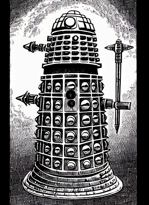 Image similar to a dalek as a d & d monster, pen - and - ink illustration, etching, by russ nicholson, david a trampier, larry elmore, 1 9 8 1, hq scan, intricate details, high contrast, no background