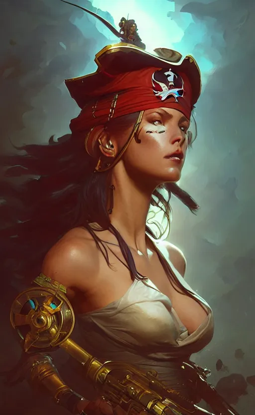 Image similar to Pirate queen, sci-fi, highly detailed, digital painting, artstation, concept art, smooth, sharp focus, illustration, art by artgerm and greg rutkowski and alphonse mucha