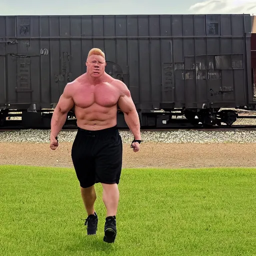 Image similar to Brock Lesnar working out in a trainyard, brock Lesnar workout in boxcar