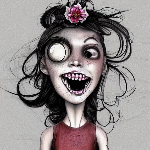 Image similar to grunge cartoon sketch of a human mixed with a flower with a wide smile by - michael karcz, loony toons style, horror theme, detailed, elegant, intricate