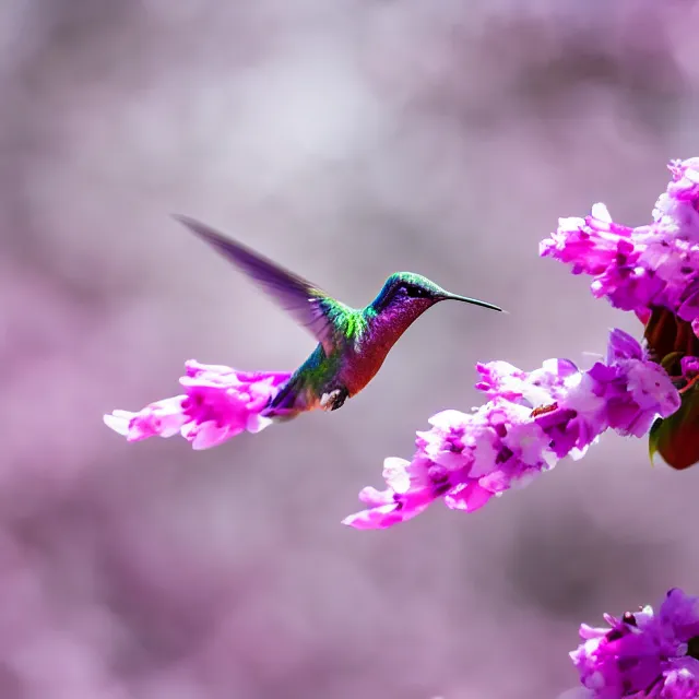 Image similar to macro shot of a purple hummingbird at a fuchsia cherry blossom on a snow covered mountain