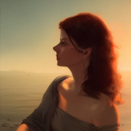 Image similar to a closeup portrait of a young vivian leigh, lake background, gorgeous view, sunset, film noir, serene, high detail, depth, masterpiece by greg rutkowski, digital art, trending on artstation