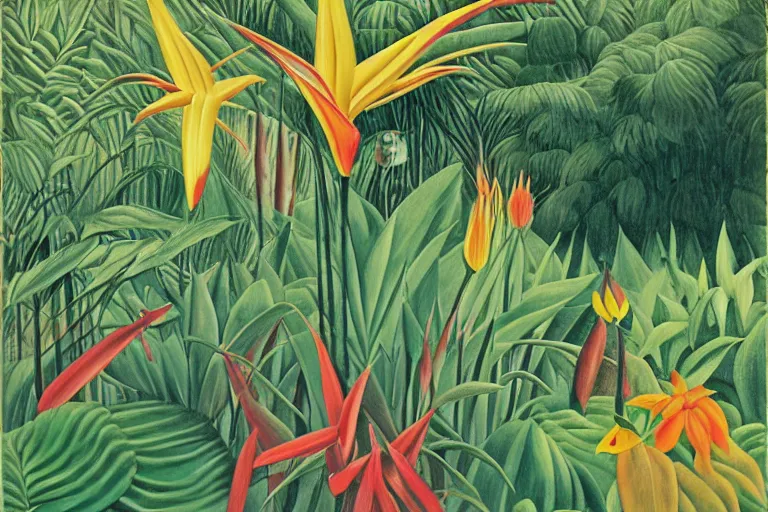 Prompt: heliconia in a garden, art by Henri Rousseau, studio Ghibli