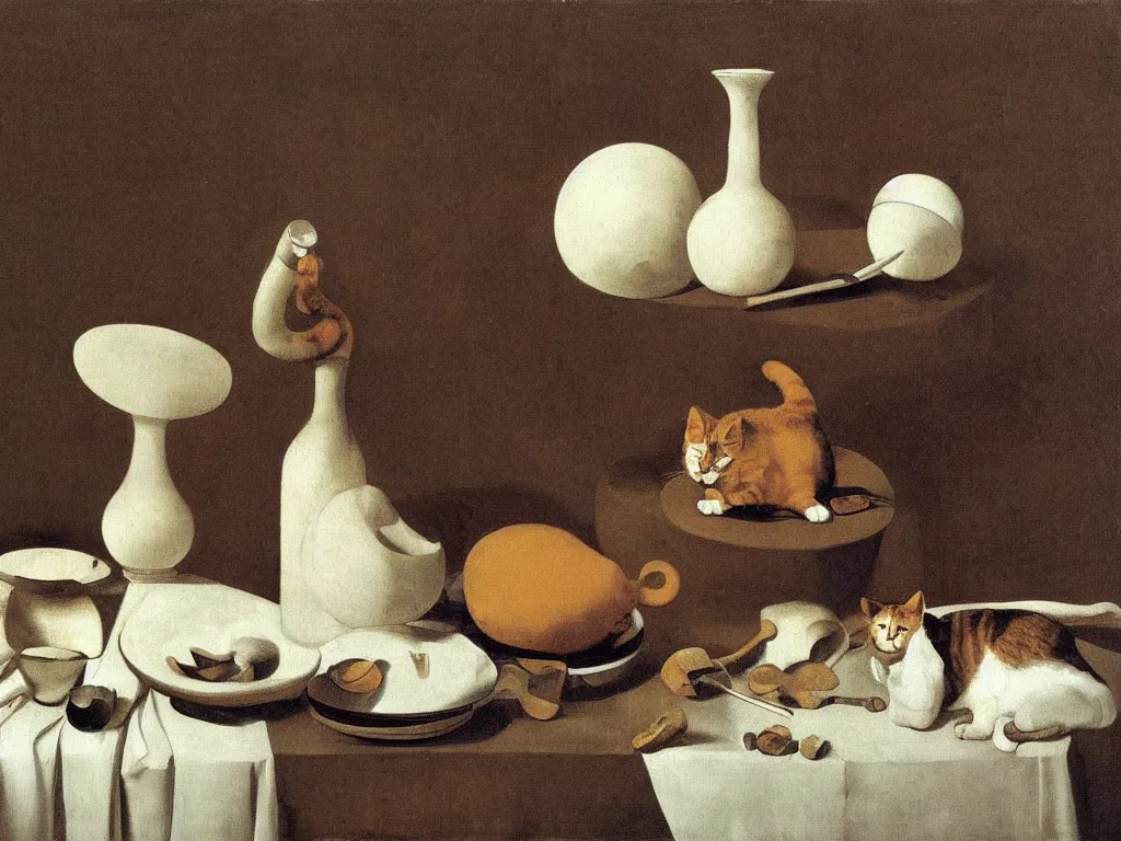 Image similar to Cat breaking white vase, tableware. Still life. Painting by Zurbaran.